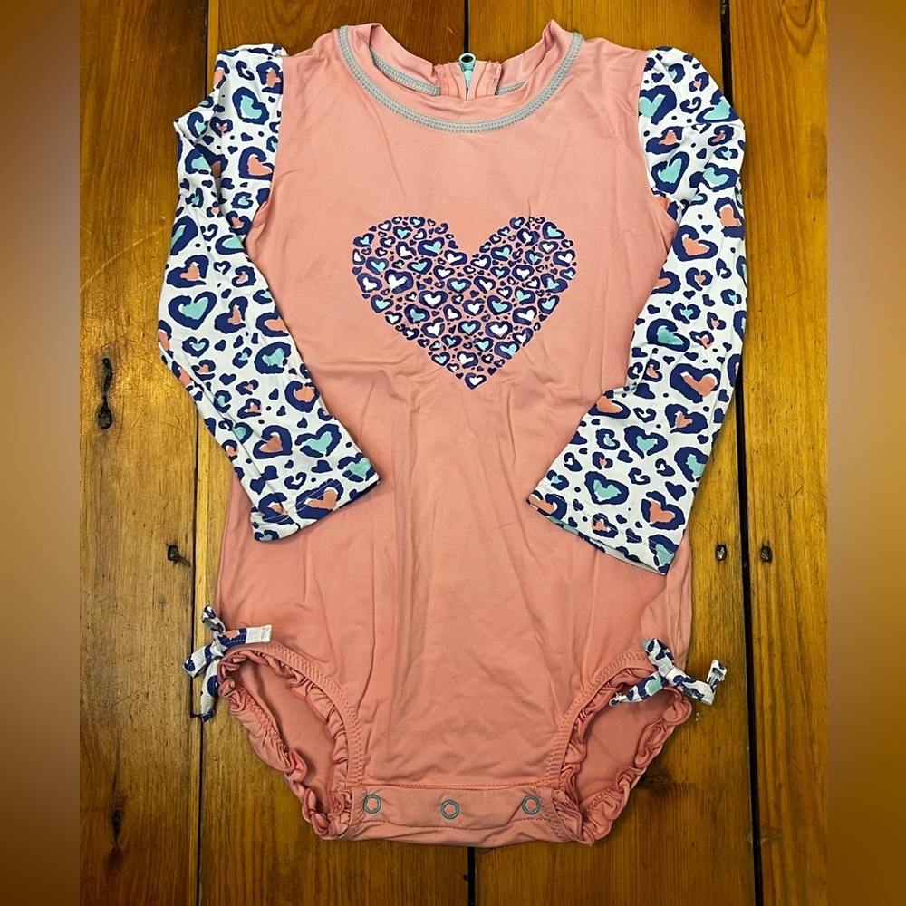 Hatley Rash Guard Swimsuit Ruffles Peachy Pink Heart Print Long Sleeve One Piece
